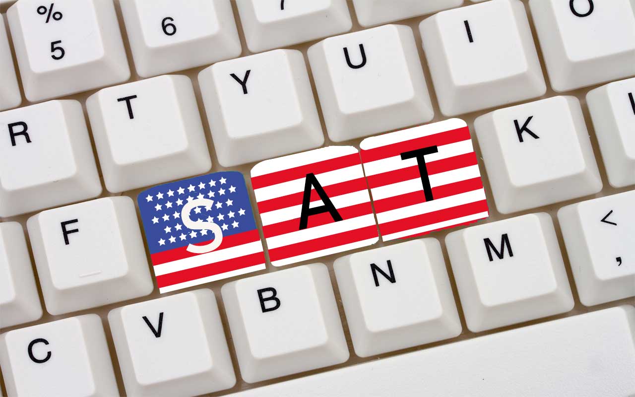 digital SAT punctuation guide seen with the US flag colors on a keyboard
