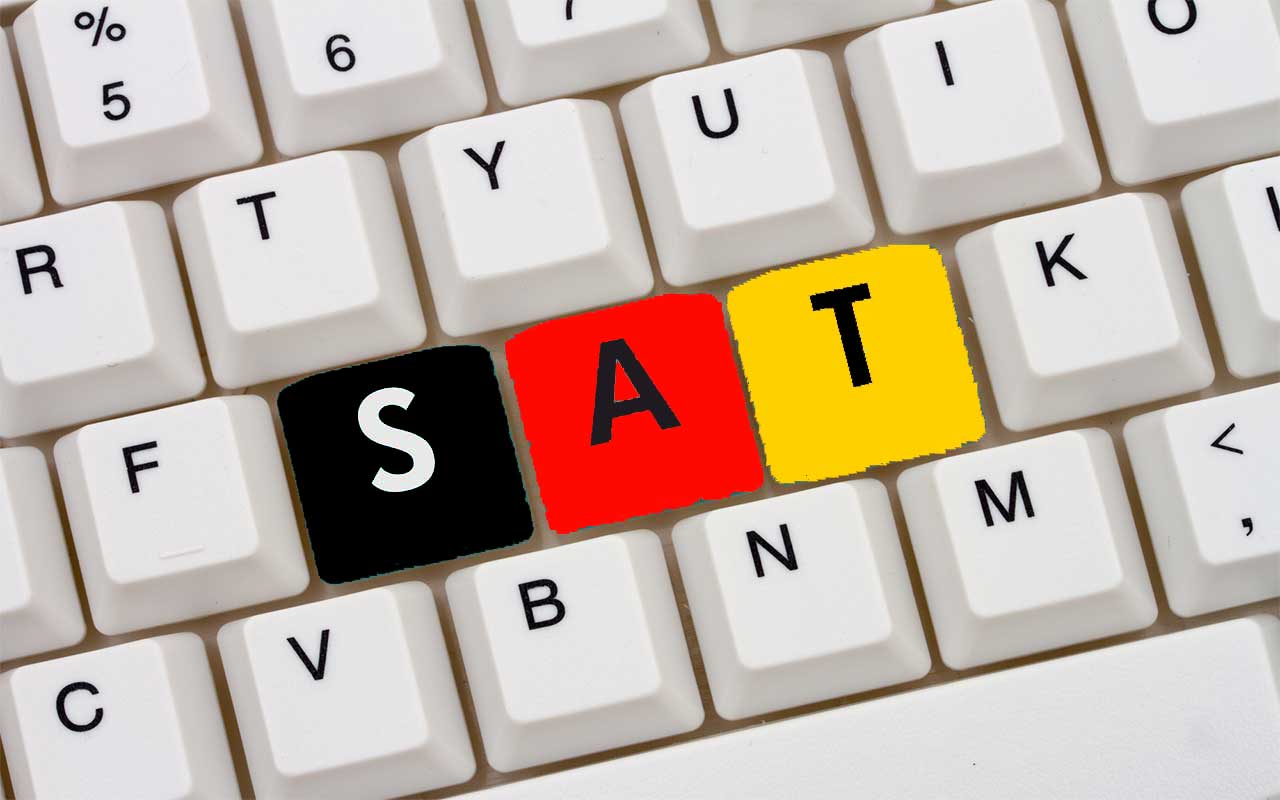 SAT punctuation rules showing a German flag on a gray keyboard