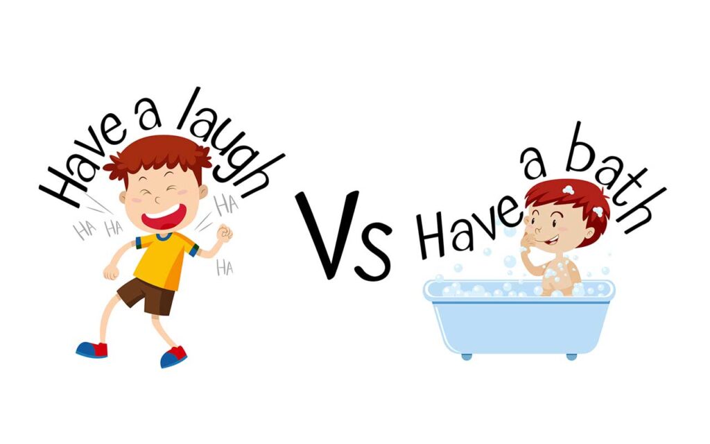 Learn English Collocations 1 cartoon of have a bath and have a laugh collocations