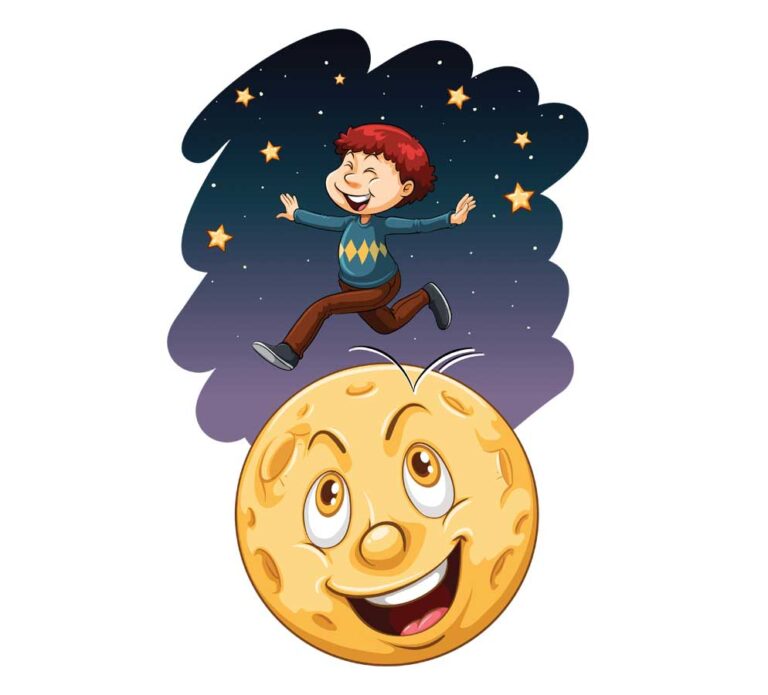 Learn English Moon Idioms 1 happy boy over a happy moon to represent the over the moon idiom