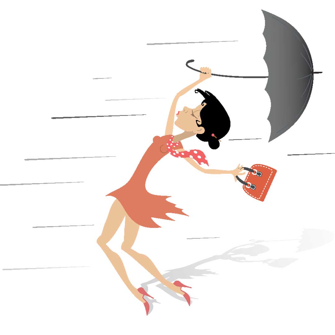 woman struggling with umbrella in strong wind idioms