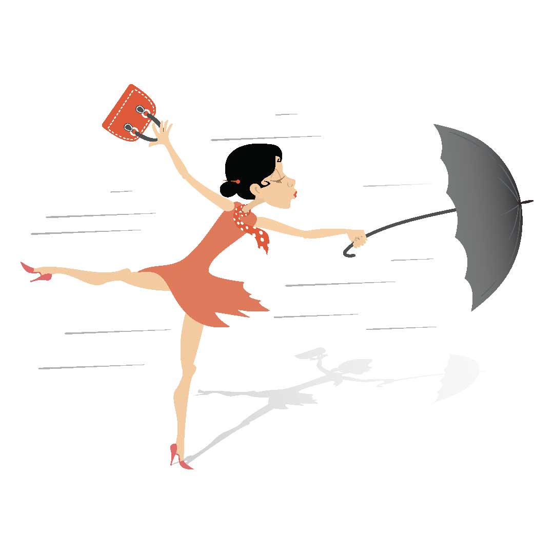 woman struggling with umbrella in strong wind idioms