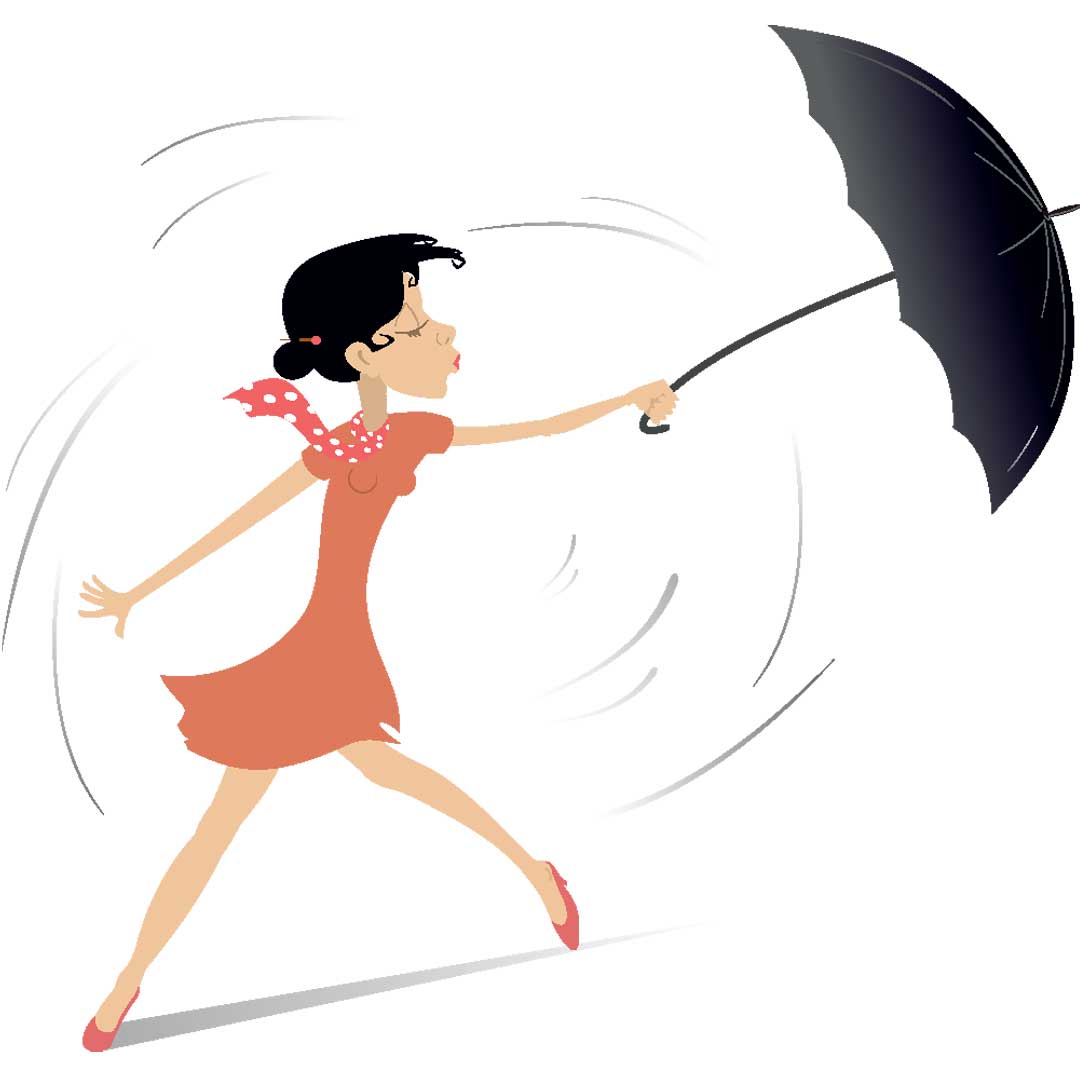 woman struggling with umbrella in strong wind idioms
