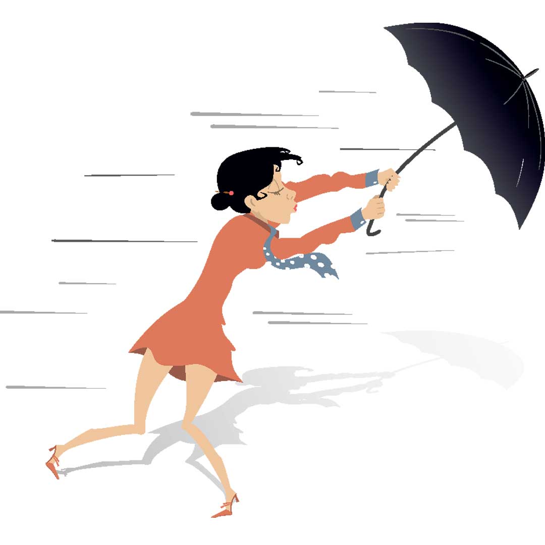 woman struggling with umbrella in strong wind idioms