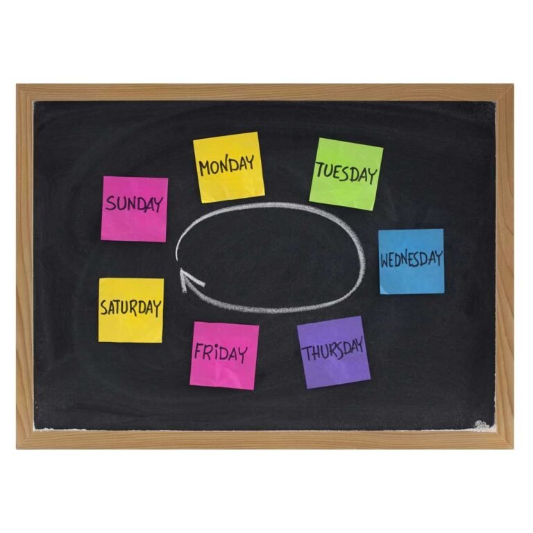 english days of the week in a circle of colored stickers on a blackboard