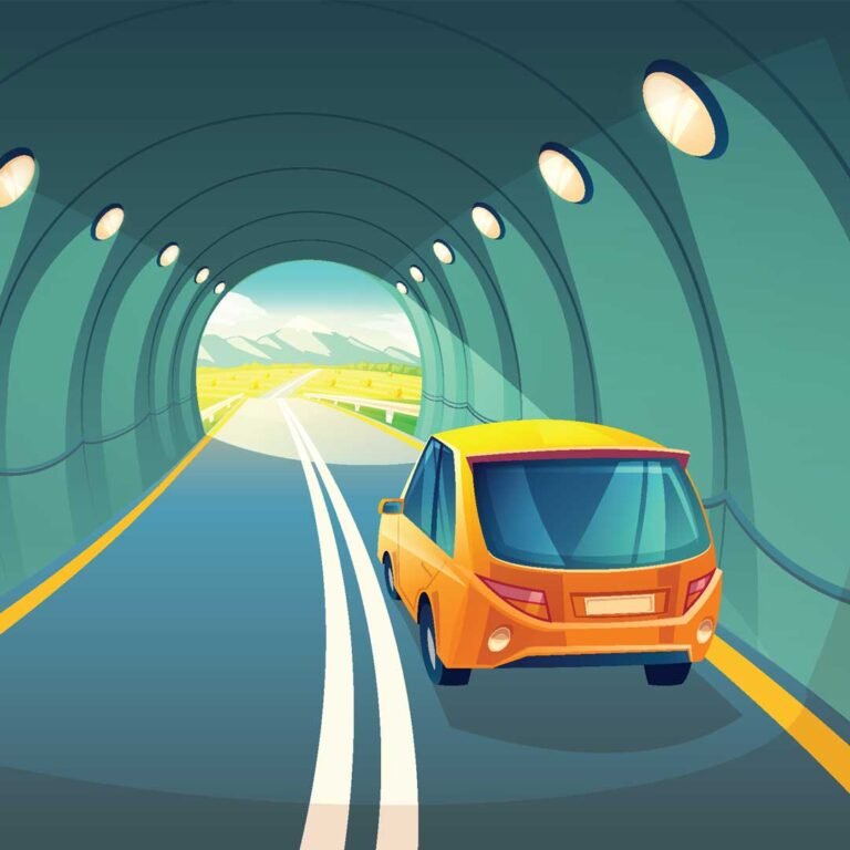 in preposition showing a car in a tunnel on the road showing on preposition