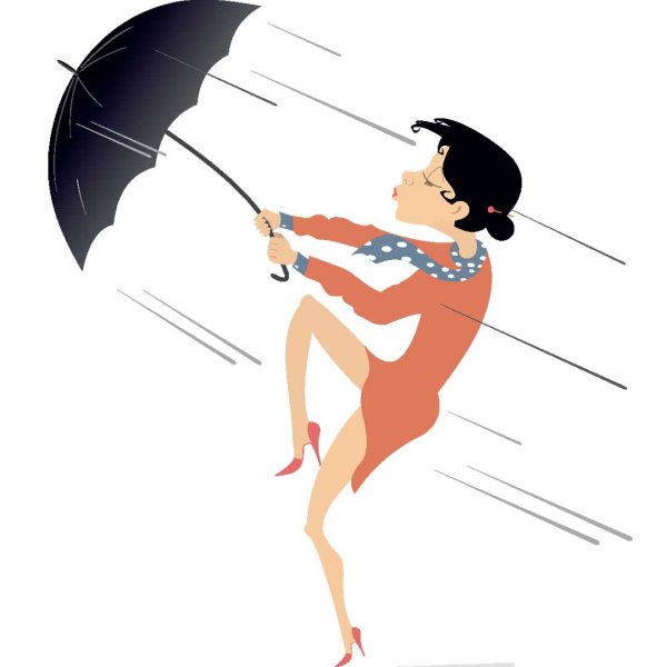 woman struggling with umbrella in strong wind idioms
