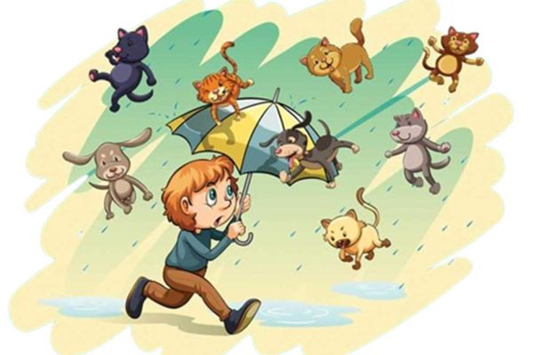 raining cats and dogs nature idiom represented by a boy with umbrella with dogs and cats above