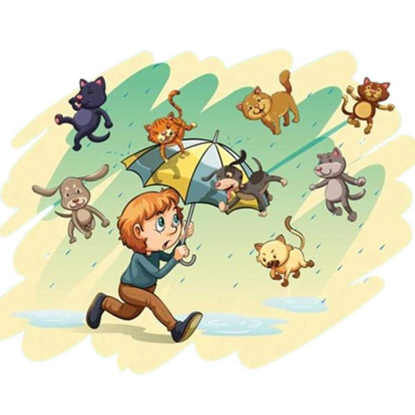 raining cats and dogs, rain idioms and nature idiom represented by a boy with umbrella with dogs and cats above